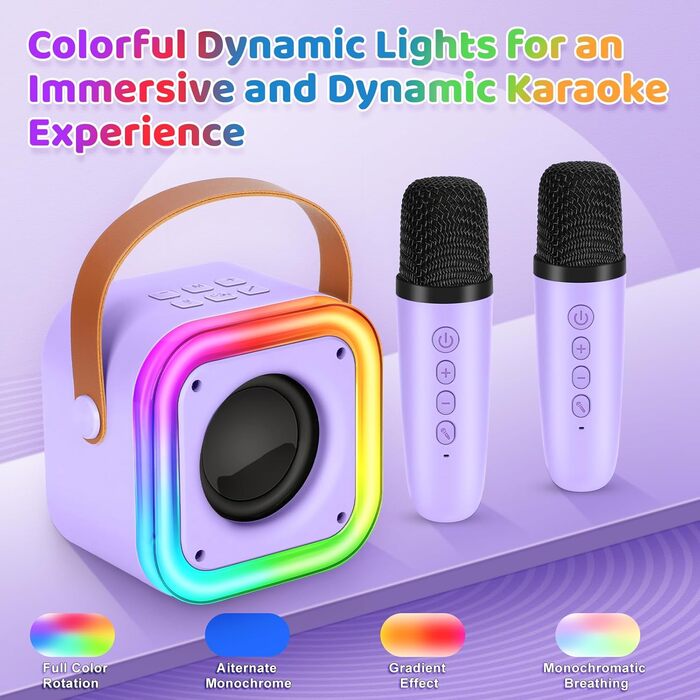 Караоке машина Spinosaurus для дітей з 2 мікрофонами, Bluetooth, LED-підсвічуванням. Ідеально для свят та подарунків (пурпурно-червоний)