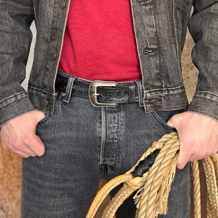 Чоловічий шкіряний ремінь Daniel's Artplanet Westerngürtel, 3.8 см, ручної роботи, з гравіюванням, чорний (підходить до джинсів 32-34)