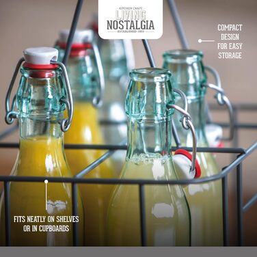 KitchenCraft Living LNBCARRIER Nostalgia Metal Wire Milk Bottle Basket/Wine Bottle Carrier, Container Holder for 6 Glass Milk Bottles, 29 x 20 x 13 cm – Grey