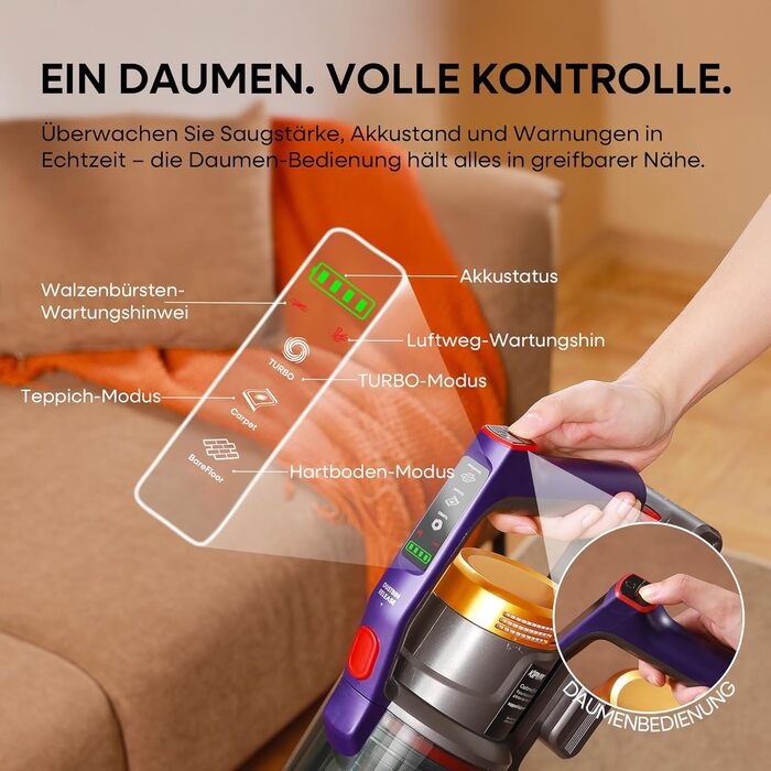 Бездротовий акумуляторний пилосос KIPMAX 50000Pa, 550W, 70 хвилин, 1.5L, з дисплеєм, антизаплутана щітка, 7-шаровий фільтр, 2 арома-пластини, для килимів, шерсті тварин, твердих поверхонь, золотий