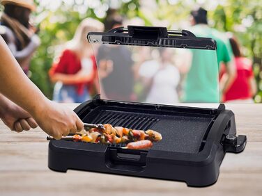 BEPER Electric Grill with Glass Lid - Non-Stick Coated Grill Plate, Stainless Steel, 2200W, Black