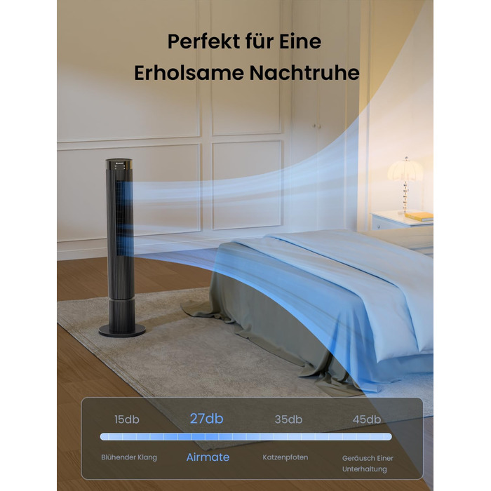 Турбовентилятор AIRMATE: 12 швидкостей, пульт ДУ, 10 м/с, 110 см, 3 режими, таймер 12 год, LED дисплей, 40W, сірий