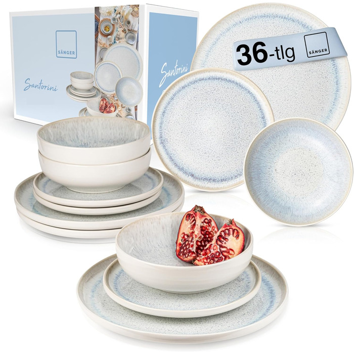 SÄNGER | Santorini Tableware Set, 36-Piece Dinnerware Set for 12 People, Stoneware Dinner Set, Table Service including Dinner Plates, Dessert Plates & Deep Plates, Cream-Colored Dinnerware with Lavender Blue Gradient, Santorini Tableware Set 36-Piece