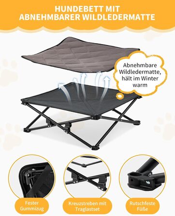 КінгКемп Лежанка для собак - портативна, з дихаючою сіткою та замшевим килимком, чорна, 57x57x23 см (77x77x30 см)