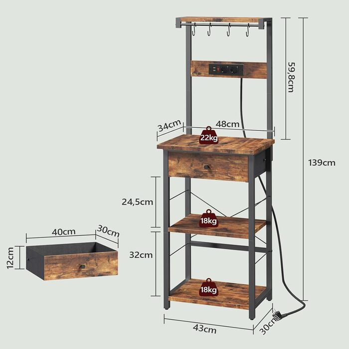 Стелаж кухонний з розетками, стелаж для пекаря, підлоговий стелаж, 34 x 48 x 139 см, стелаж для випічки з шухлядами, стелаж для мікрохвильової печі, 4 S-гачки, для кухні, вітальні, їдальні, коричневий та чорний ABRHR48UE01