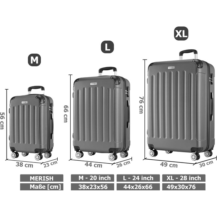 Набір валіз Merish 3шт. з жорстким корпусом, коліщата-двоєколіща, 9 кольорів (включно з чорним)