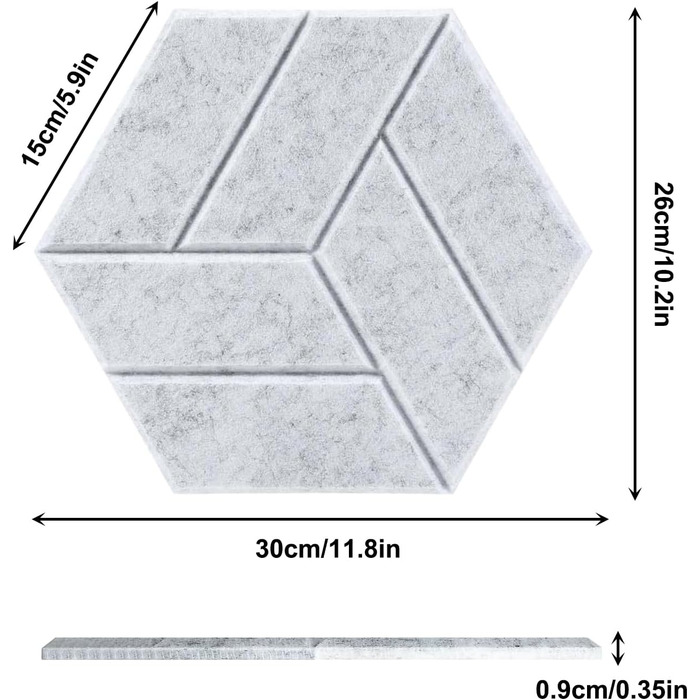 Акустичні гексагонні панелі самоклеючі, звукопоглинаючий пінопласт для стін у студію, офіс та ігрову кімнату, сірі (30x26x0.9 см), 12 шт.