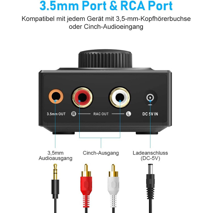 Bluetooth аудіоприймач YMOO 5.3: AUX адаптер для стереосистеми, TV, PC, MP3-плеєра, 50ft радіус дії, 3.5mm jack & RCA вхід