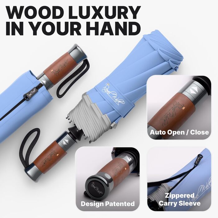 Royal Walk: Чоловічий та жіночий парасолька-тростина, штормовий, автоматичний, з подвійним покриттям, шіферно-блакитний, з дерев'яною ручкою