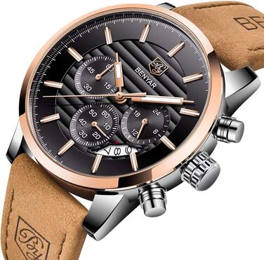 Годинник чоловічий Benyар з кварцовим механізмом, хронограф, водонепроникний, з нержавіючої сталі, стильний аксесуар для бізнесу, спорту та відпочинку (колір: коричневий, золотий, чорний)
