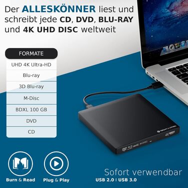 Зовнішній Blu-ray привід techPulse120 UHD 4K 3D M-Disc BDXL USB 3.0 USB-C, DVD/CD Burner для ноутбука та ПК, Windows/Mac OS, Алюміній (Чорний)