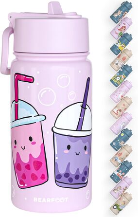 Дитяча термопляшка Bearfoot з нержавіючої сталі з трубочкою, 400 мл, без BPA, не протікає, для дівчаток та хлопчиків, ідеальна для школи та дитячого садка (Ліден - Bubbletea)
