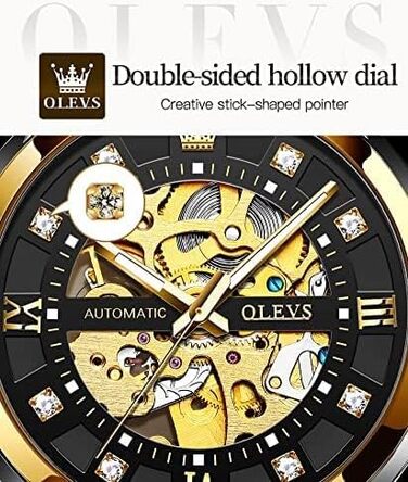 Чоловічий механічний годинник OLEVS Gold Skeleton з автопідзаводом, розкішний сталевий корпус з діамантами, водонепроникний, сріблясто-золотий з чорним циферблатом