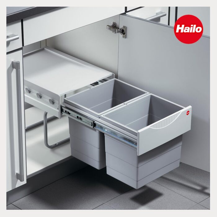 Система сортування сміття Hailo Raumspar-Tandem 364112, 2 контейнери по 18 л, для шаф від 40 см з розпашними дверцятами, світло-сірий пластик