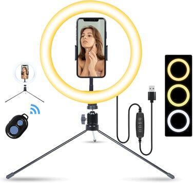 AGM кільцева лампа 14 дюймів зі штативом, Bluetooth пульт, 3 режими світла, 10 рівнів яскравості | LED лампа для відео та фото (10 дюймів)