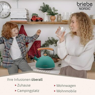 Чайник Nordic Wasserkessel Induktion 2.3L з нержавіючої сталі, з свистком, для чаю та кави, сумісний з усіма типами плит (індукційні, склокерамічні, газові, електричні), з дерев'яною ручкою Cool-Touch, ретро дизайн, зелений