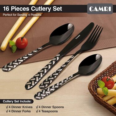 CAMRI Набір столових приборів – 16 предметів з нержавіючої сталі. Набір столових приборів, ножі, виделки, ложки. Комплект на 4 особи, придатний для миття в посудомийній машині. Кріз-чорний візерунок.