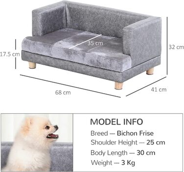 PawHut Собаче ліжко-диван для собак та котів з дерев'яним каркасом, плюшевий чохол, подушка з піною, 68 x 41 x 32 см