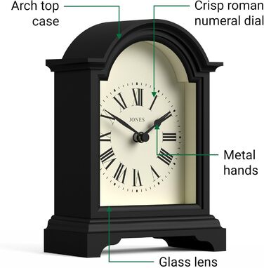 JONES CLOCKS® Bistro Table Clock | Classic Arch Design | White | Timeless Style for Desk, Table, Shelf, or Nightstand (Black)