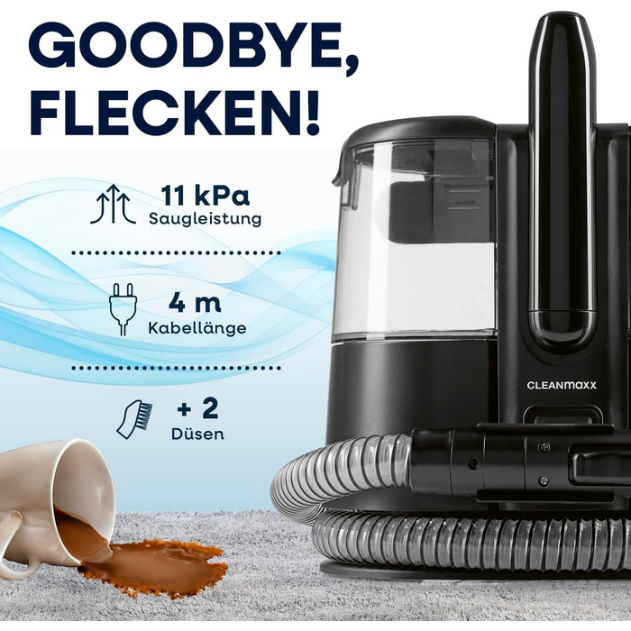 CLEANmaxx Професійний пароочисник для меблів та килимів Pro Steam | 3-в-1: для меблів, точкове чищення, прання | Ефективний видалення плям гарячою водою та парою для килимів, авто, диванів (Чорний з шампунем, Pro 400W)