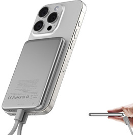 Power Bank MagSafe 5000mAh 20W PD з бездротовою зарядкою, USB-C, для iPhone 16/15/14/13/12, срібний