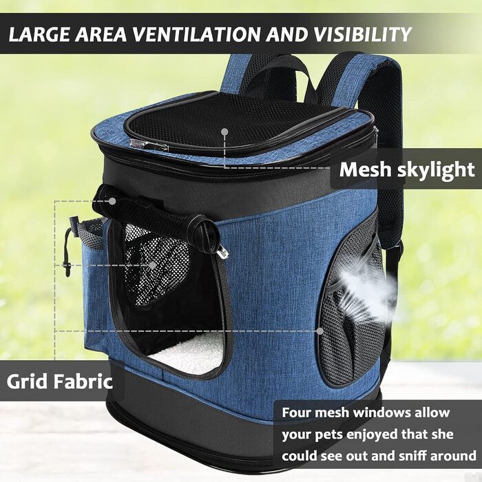 Kato Pet Carrier Backpack for Dogs & Cats - Breathable Mesh Travel Bag for Medium Dogs & Puppies - Portable Marine Blue