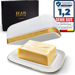 HAS Butterdose Ceramic, white for 250g butter, butter dish and butter bell with a very high-quality gold-rimmed design - butter box and butter crock, butter container for storage, dishwasher safe