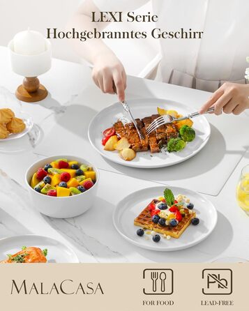Набір посуду MALACASA LEXI 18 предметів: тарілки та миски, порцеляна, для 6 осіб, білий, сумісний з мийною машиною та мікрохвильовкою