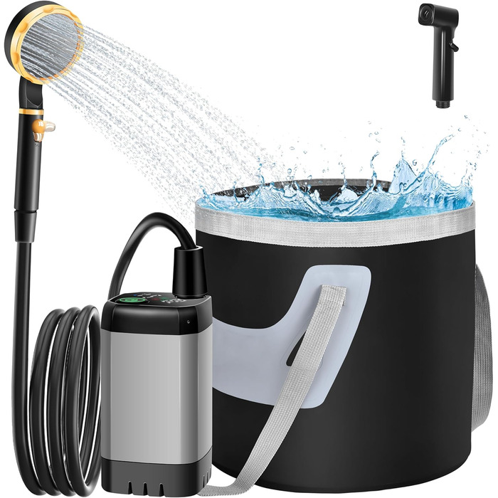 IEEILULU Portable Camping Shower, 6000mAh Camping Shower Battery with Pump, Outdoor Mobile Showers with Temperature Indicator and Foldable Bucket for Pet Travel, Garden, Car Washing, Beach