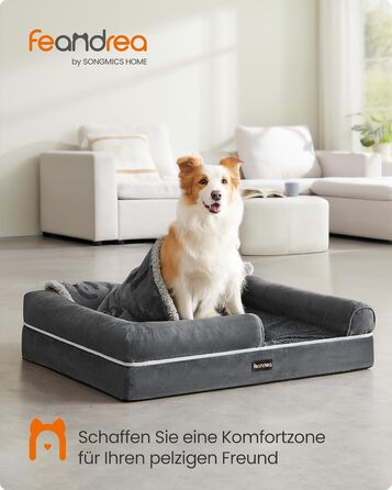Feandrea Orthopedic Dog Bed, Dog Cushion, Dog Basket, Soft Padding, Dog Sofa, Raised Edges, Removable and Washable Cover, 91 x 71 x 20 cm, Non-Slip Bottom, Dark Grey PGW076G01