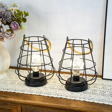 JHY DESIGN Набір з 2 декоративних настільних ламп-ліхтариків у стилі ретро, 22 см, на батарейках, LED Едісон, чорний колір