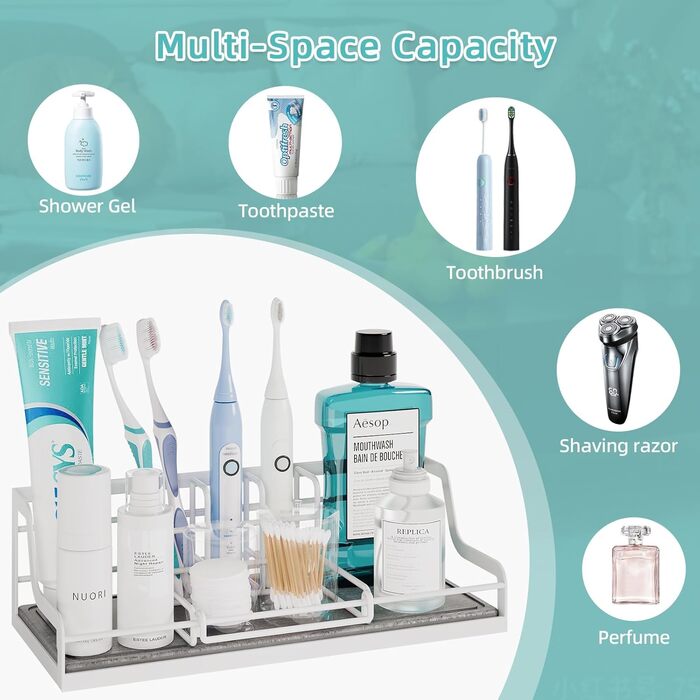 Тримач для зубних щіток у ванну кімнату: органайзер на 6 слотів, швидковисихаючий, для електричної зубної щітки, з абсорбуючою силіконовою гумкою, аксесуари для ванної кімнати з регулюванням (білий)
