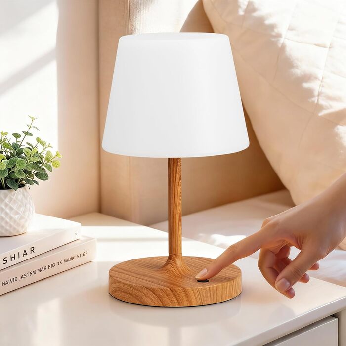 Світлодіодна настільна лампа бездротова з сенсорним керуванням, акумуляторна, з регулюванням яскравості та функцією пам'яті для спальні, кафе, вулиці, з імітацією текстури дерева