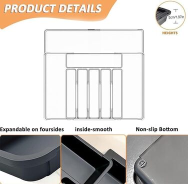 Органайзер для столових приборів ZHUlYIWIN в шухляду, прозорий пластиковий, з регульованими секціями та тримачами для ножів