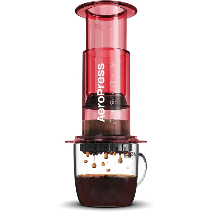 AeroPress Clear Coffee Press – 3-in-1 Coffee Machine combines French Press, Pour Over & Espresso – Full-bodied coffee without bitterness – Portable mini coffee machine for travel, Transparent (Standard, Red)