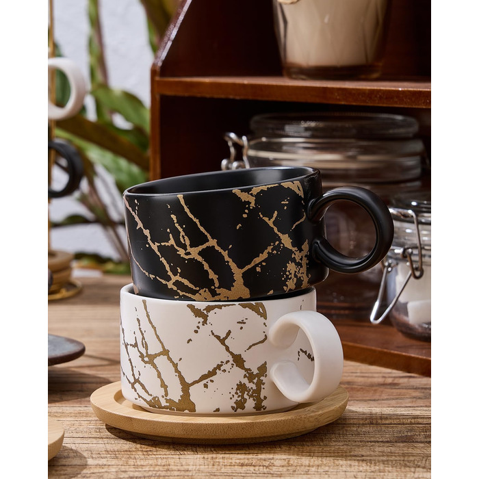 Набір чашок кавових Cappuccino HOME DECOR - 4 шт. по 160 мл з підставками та стійкою - 160 мл, кераміка, для еспресо, капучино, лате, мармурова колекція