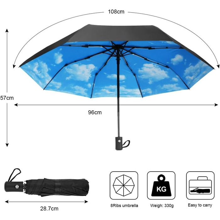 Вітростійкий автоматичний парасолька для подорожей, 8 спиць, для чоловіків та жінок (блакитний)
