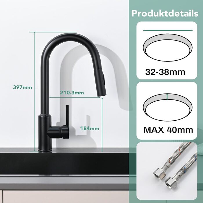 Змішувач кухонний з висувною лійкою та душем, 360° поворот, 2 режими, нержавіюча сталь, чорний