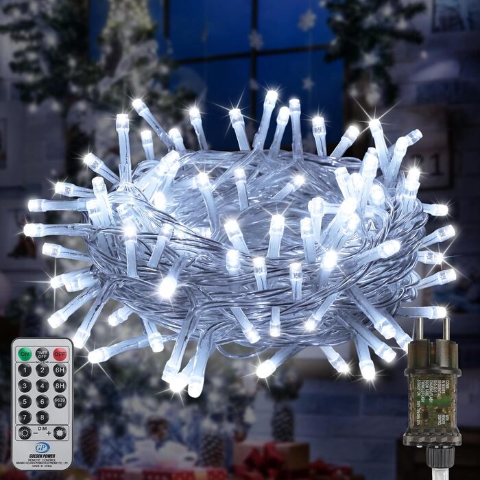 Різдвяна гірлянда з пультом дистанційного керування, 10 м, 100 LED, вологостійка для зовнішнього використання, 8 режимів. Ідеально підходить для садів, вечірок, терас та балконів, святкова декор. (Холодне біле світло, 10м, 100 LED)