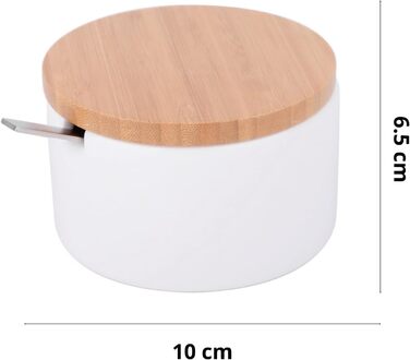 Керамічна цукерниця з ложкою та кришкою з бамбука - цукерниця для дому та кухні, сучасна куляста форма, для цукру, сиру, спецій, 10 x 10 x 9 см (біла кругла)