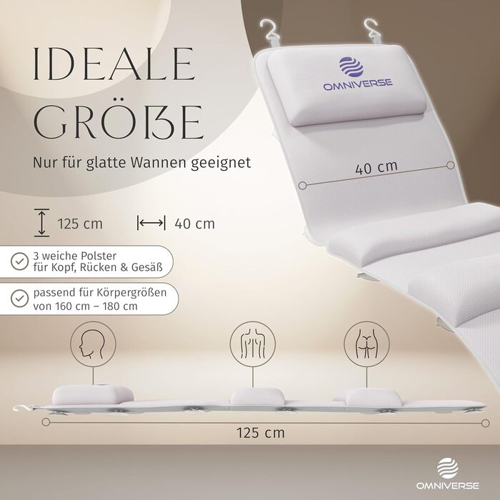 Подушка для ванни Omniverse Ganzkörper 125x40 см, для зросту 160-180 см, для гладких ванн, швидковисихаюча, гіпоалергенна, з 3 подушками, біла
