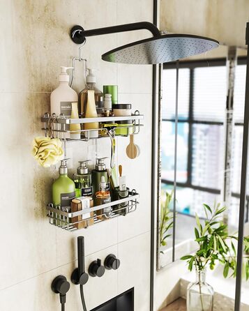 HapiRm Shower Shelf for Hanging, Hanging Shower Rack with Multiple Hooks - High-Quality Hanging Shower Basket Stainless Steel, No Drilling Required, Silver