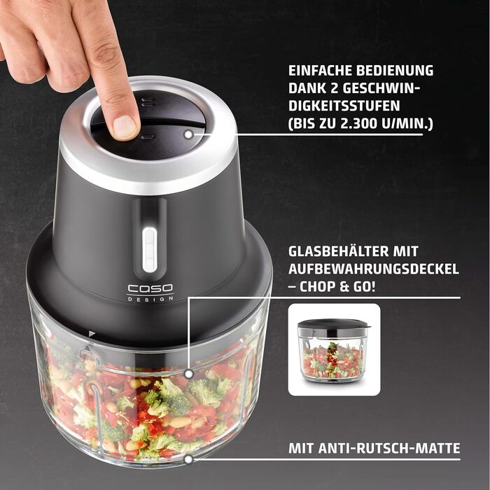 CASO Chop & Go – Електричний подрібнювач для кухні з акумулятором, 1.0 л, 2 швидкості, USB-C, з лопаткою
