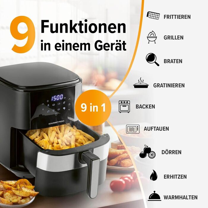 Фритюрниця повітряна GOURMETmaxx XL 6.2 л з цифровим дисплеєм та таймером | 8 програм, 1500 Вт | Без запаху, низький вміст жиру, економія енергії
