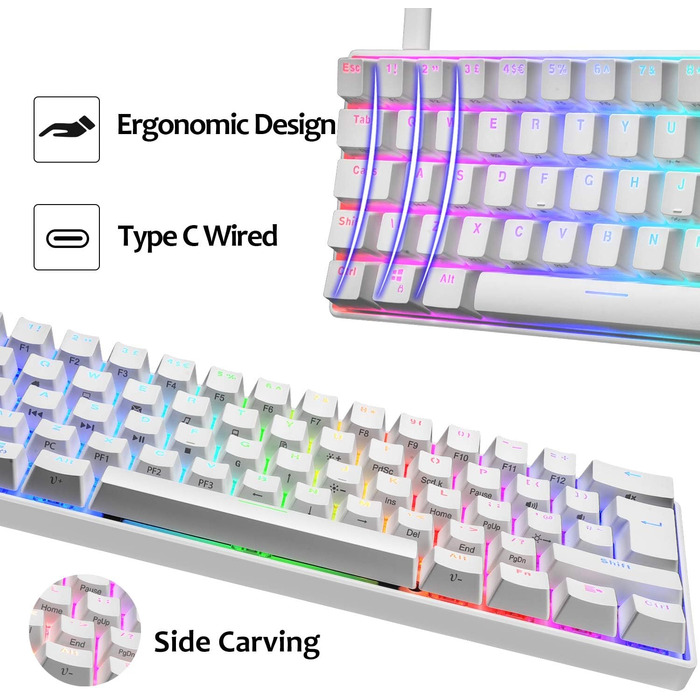 Ігровий комплект клавіатури та миші MK21: RGB механічна клавіатура 60% (62 клавіші), миша 6400 DPI, килимок для миші. Сумісність з PS4, Xbox, PC. Чорний/Blue Switch (White)