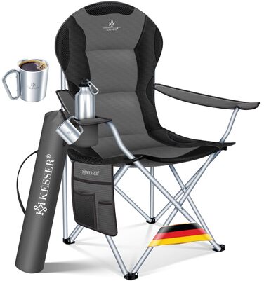 Крісло кемпінгове KESSER® складне до 150 кг, з підлокітниками, високою спинкою, сіре (антрацит/чорне) + тримач для напоїв