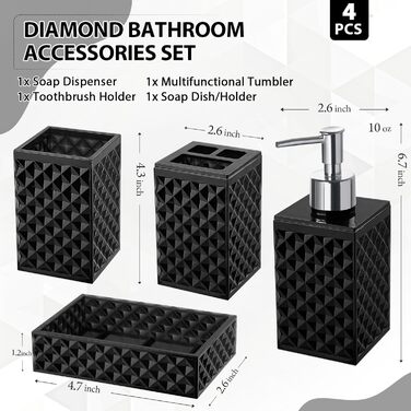 Чорний набір аксесуарів для ванної кімнати, 4 шт. - сучасний декор для ванної кімнати, акриловий дозатор для мила та тримач для зубних щіток