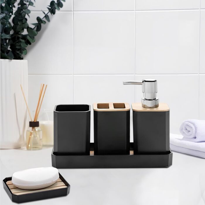 Набір аксесуарів для ванної кімнати Volumoon 5 шт. з бамбука: миловарка, стаканчик для зубної щітки, миловарка, мильниця, чорний. Декоративні аксесуари для ванної та умивальника.