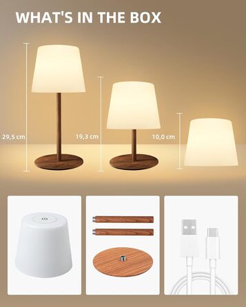 Настільна LED лампа EZVALO бездротова 2 шт, IP65, 4500mAh USB-C, диммер сенсорний, 3 кольори світла, для дому та кемпінгу (дерев'яний)
