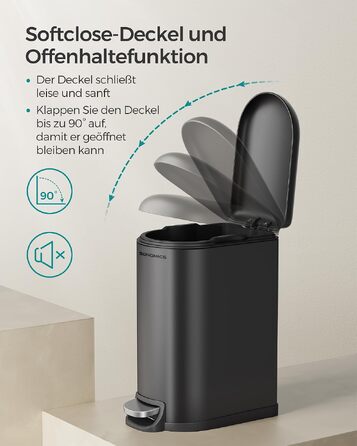 Сміттєвий кошик для ванної кімнати SONGMICS ISLAND 10 л з кришкою Soft-Close, сталевий, чорний (LTB10WT)